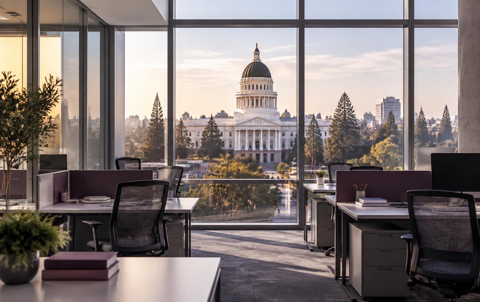 The California State Capitol seen through an unoccupied modern office in Sacramento